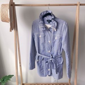 J Crew lightweight jacket, belted, blue and white striped, size S